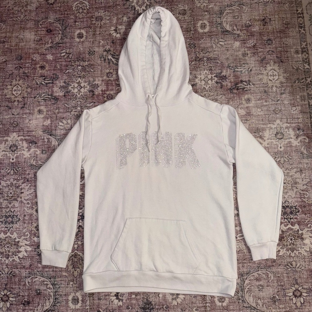 Victoria's Secret PINK Rhinestone Logo Hoodie Light Gray Pullover Sweatshirt S